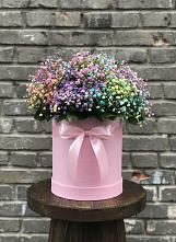 Цветочная композиция из Гипсофила и Розы в шляпной коробке в Мирный
