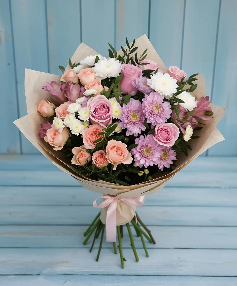 Букет цветов из: Хризантемы, Розы и Альстромерии в Мирный
