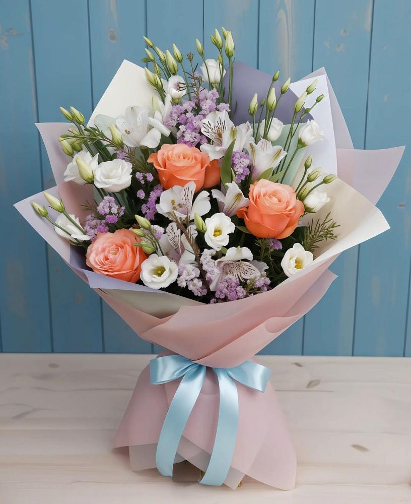 Букет цветов из: Лизиантусы, Розы, Альстромерии и Гипсофила в Мирный