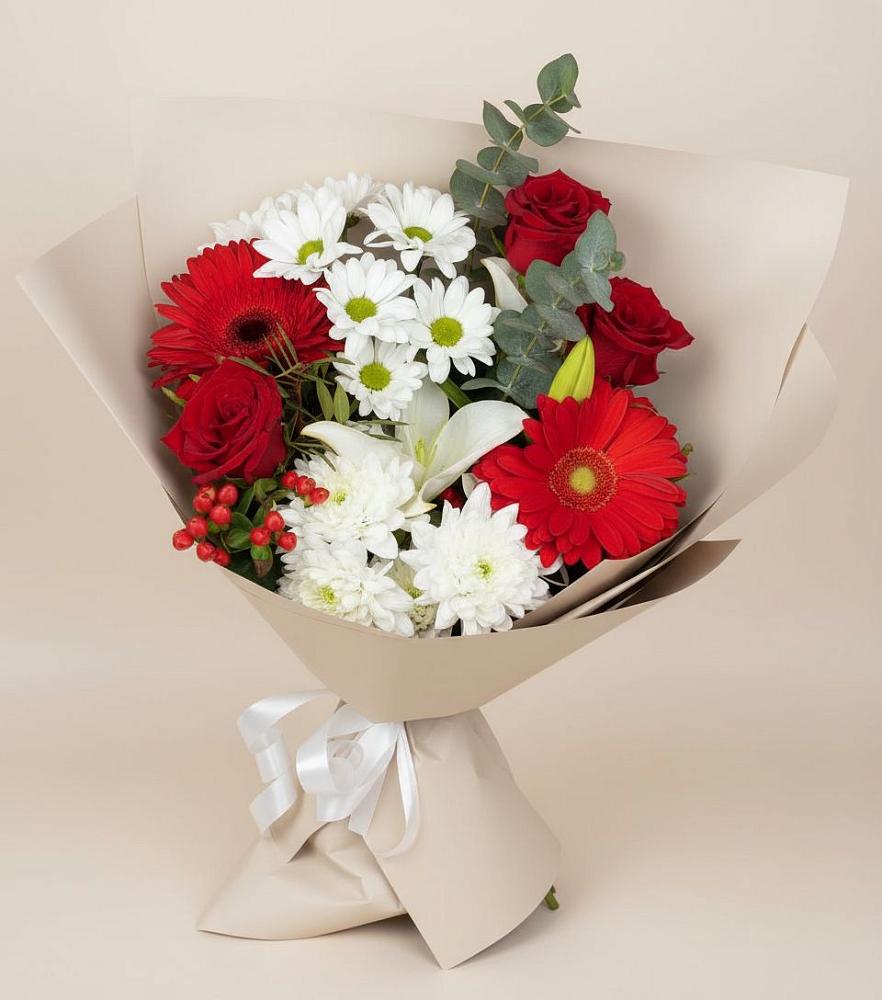 Букет цветов из: Розы, Хризантемы, Герберы и Лилии в Мирный