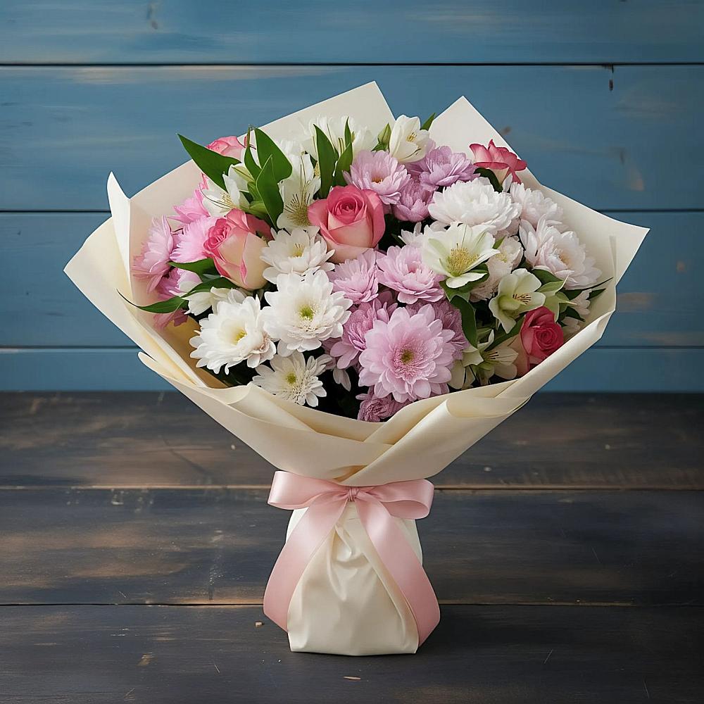 Букет цветов из: Хризантемы, Альстромерии и Розы в Мирный